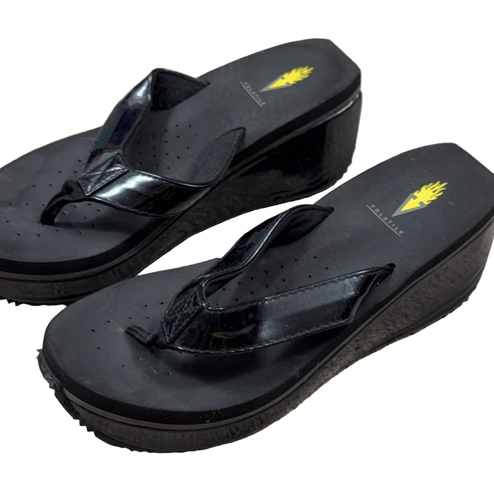 Volatile Raffia Palau Women's Black Wedge Flip Flops Size 10 Faux Leather
